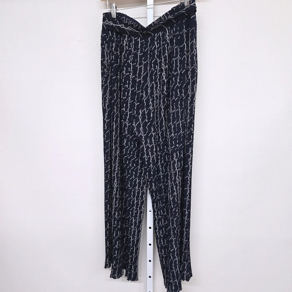 Alice Blue Navy Rope Print Pleated Wide Leg Belted Palazzo Pants Size L